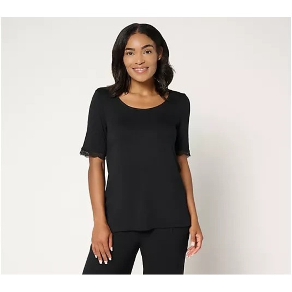 Cuddl Duds Soft Stretch Lace Trimmed Tee Black, Medium